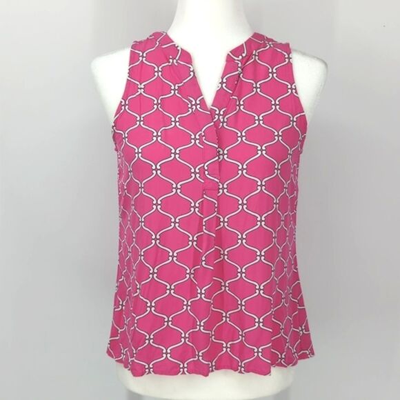 Crown & Ivy Sleeveless V-Neck Hot Pink White Geometric Blouse SP Small Petite - Picture 1 of 6